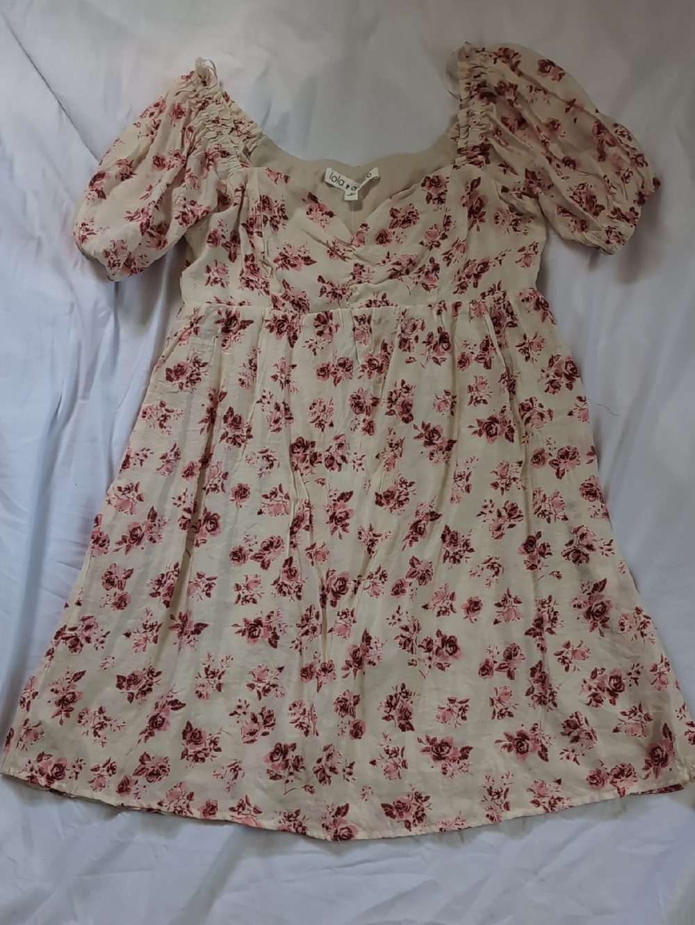 Lola Grace Cream Lined Mini Dress with Rose-Print Puff Sleeves & Sweatheart Neck